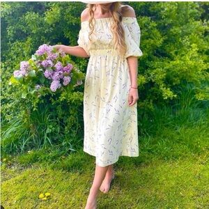 H&M  Yellow Floral Smocked off shoulder maxi Dress back cut out prairie style M